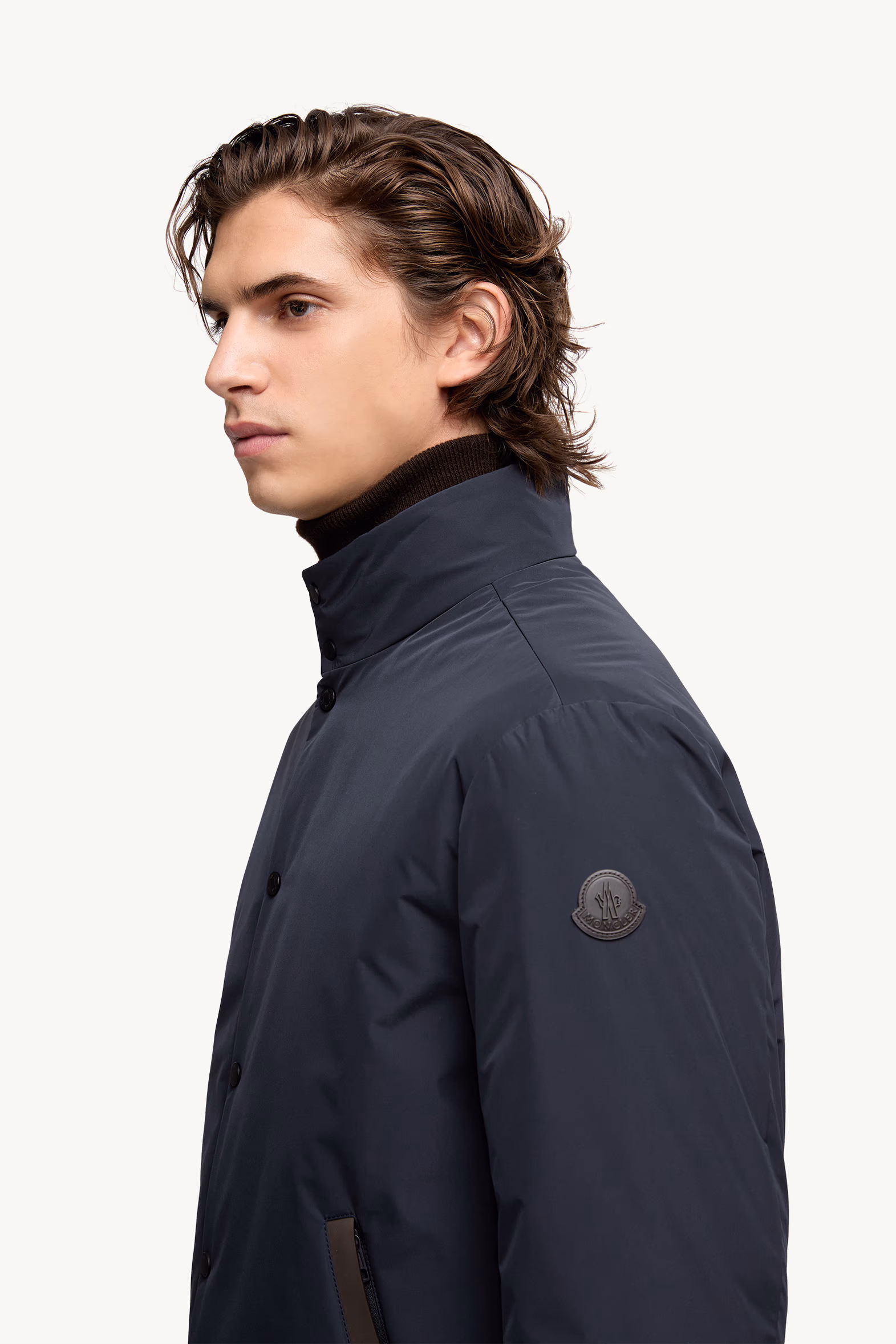 Lanques Leather-Trimmed Short Down Jacket Men Navy Blue Moncler 4